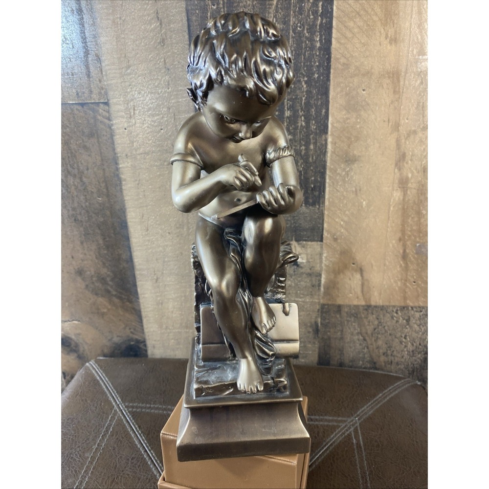 Bronze Sculpture Seated Nude Boy Writing on Tablet Art Deco Figure 11" Vintage
